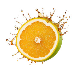 Juicy orange half splashing, studio shot, black background, beverage ad