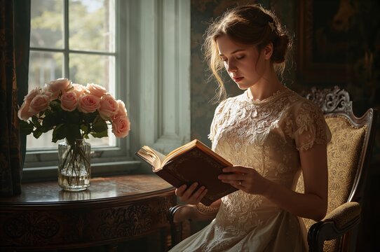 Victorian woman reads in ornate parlor bathed in soft sunlight - Powered by Adobe