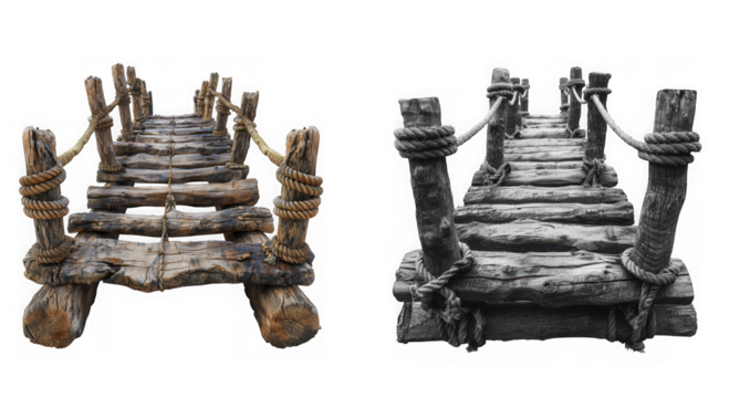 Two rustic wooden plank bridges with rope railings, isolated on transparent background