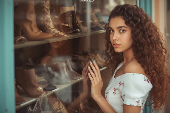 Youthful woman reflects in luxury shop window amid vibrant modern city lights