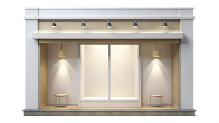 Elegant store front with awning and blank window display isolated on transparent background, perfect for showcasing products in a sophisticated setting