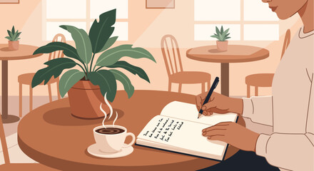 Fototapeta premium Capturing the essence of daily life scenes in a cozy cafe, reflecting moments of peace and creativity through journaling