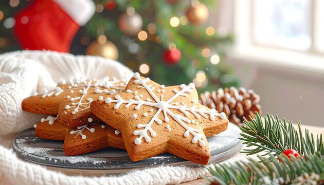 Festive gingerbread cookies on a plate, Christmas decorations in background