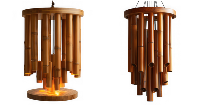 Two bamboo wind chimes, one with a base and light, isolated on transparent background