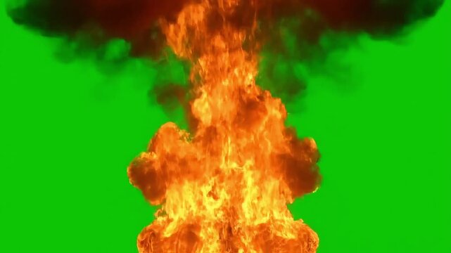 Dramatic explosion with fire and smoke isolated on a green screen background suitable for visual effects and compositing
