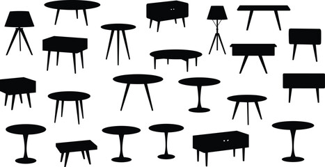 Various Black Silhouettes of Tables, Lamps, and Cabinets in Minimalistic Style, Perfect for Modern Interior Design and Contemporary Home Decor