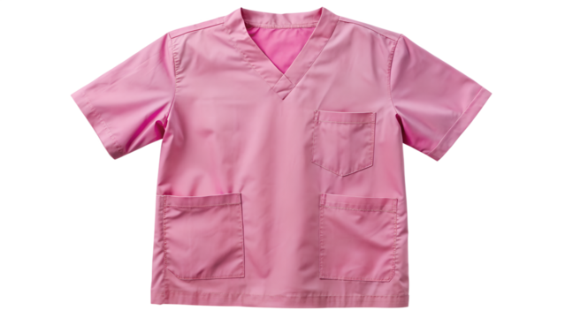 Pink medical scrub shirt isolated on transparent background, a garment worn by surgeons, nurses, physicians and other workers involved in patient care