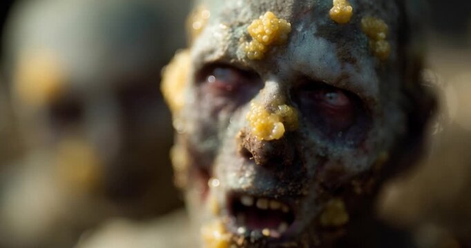 Group of scary undead zombies emerging from dark forest