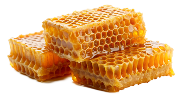 Three pieces of honeycomb stacked on top of each other isolated on transparent background, showcasing the intricate hexagonal cells filled with golden honey