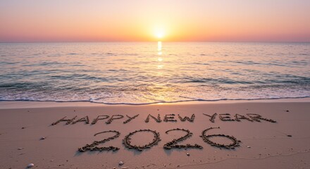 Happy New Year 2026 Write on Sunset Beach , New Year Celebration 