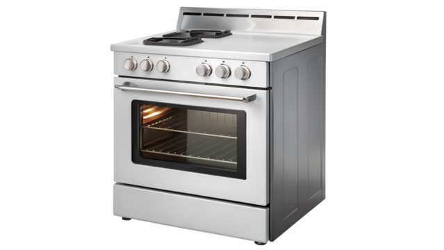 Stainless steel gas range oven, isolated on transparent background, showcasing its modern design and functionality for cooking and baking