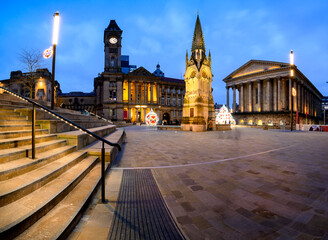 Evening Scene at Chamberlain Square, Birmingham, UK: Christmas Lights, Clock Tower, and Birmingham Art Gallery