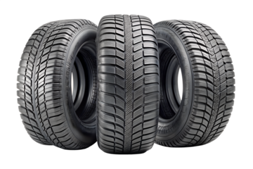 Set of three winter tires isolated on transparent background, providing superior grip and safety for driving in snowy and icy conditions