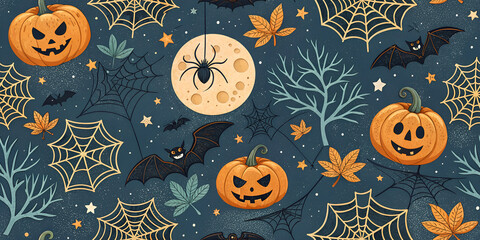 halloween seamless pattern dark blue background with pumpkins leaves and hallowen decor elements