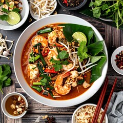 Spicy prawn noodle dish with various toppings