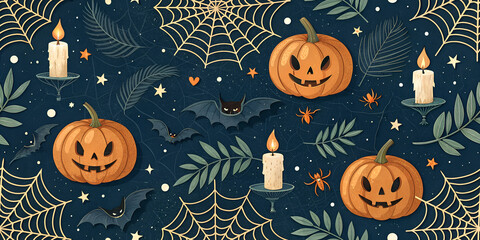 halloween seamless pattern dark blue background with pumpkins leaves and hallowen decor elements