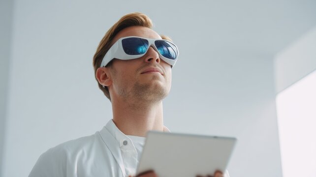 A close-up of a young man in a light shirt and augmented reality glasses. He holds a tablet with a plain white screen. - Powered by Adobe