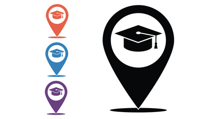 Graduation cap icons with location pin symbols in different colors displayed