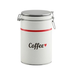 Stylish white coffee canister with red stripe and coffee text isolated on white background