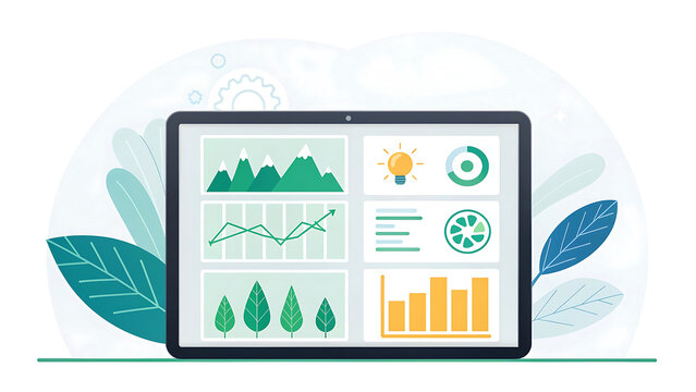 Digital tablet displaying a modern dashboard with financial charts and green eco friendly icons