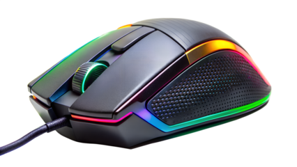 Modern gaming mouse with customizable rgb lighting isolated on transparent background, offering enhanced precision and comfort for immersive gaming experience