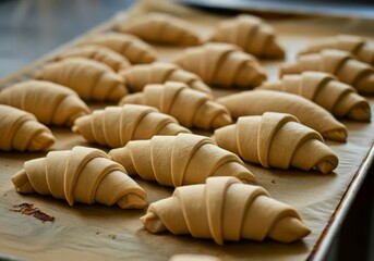 Raw croissants arranged on baking sheet before oven preparation, showcasing unbaked dough texture and layered pastry shape in close-up bakery kitchen setting