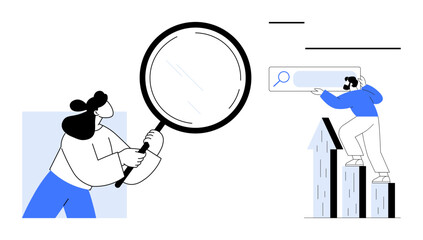 Two stylized characters using magnifying glass and search bar, emphasizing research, curiosity, teamwork, progress, problem-solving, trend analysis, exploration. Ideal for business startup