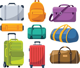 Travel luggage set, colorful suitcase collection, backpack, duffle bag, handbag, rolling trolley, flat design vector illustration, vacation essentials, tourism equipment, journey accessories