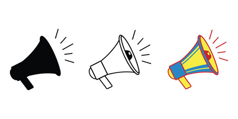 Set of three megaphone icons showing announcement and communication styles vector