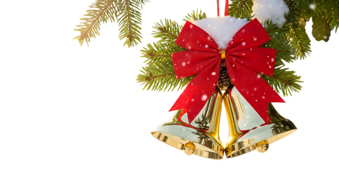 Christmas bells with red bow on fir branch isolated on transparent background for decoration