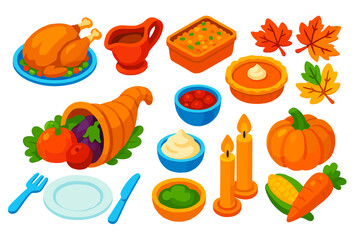 Harvest Festive Icons. Isometric vector illustration set Harvest Celebration Icons: turkey, gravy, stuffing, pumpkin pie, autumn