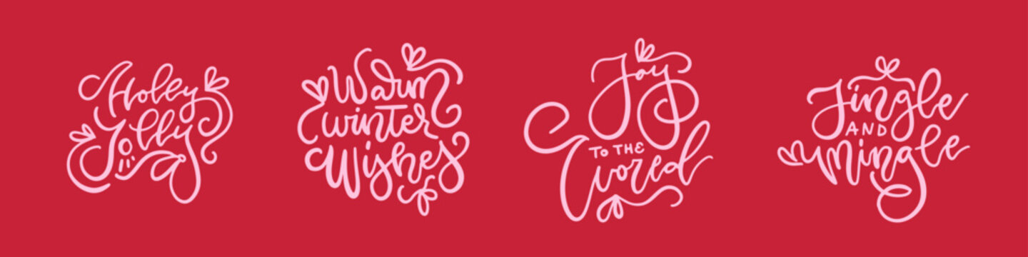 Christmas coquette pink lettering - Holly Jolly, Joy of the World, Warm winter wishes, Jingle and mingle. Xmas quotes for greeting card design in hand drawn style. Christmas gift vector illustration