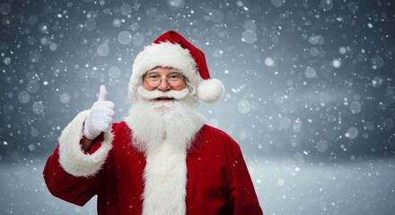 Christmas Santa Thumbs Up Standing Against Blur Bokeh Snow Background, With Copy Space 