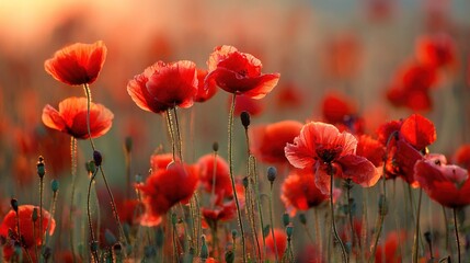 Fototapeta premium A field filled with red flowers bathed in sunlight filtering through the clouds