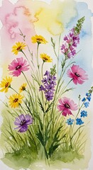 Obraz premium Vibrant Bouquet: A watercolor painting depicts a cheerful bouquet of wildflowers, each petal and stem brought to life with the ethereal qualities of watercolor.