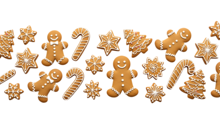 Collection of gingerbread cookies isolated on transparent background, seamless pattern border