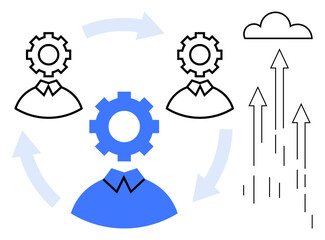 Gears within human heads with circular arrows signifying teamwork and process, arrows pointing to cloud for innovation. Ideal for collaboration, workflow, productivity, growth, development, cloud