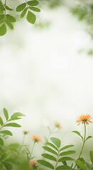 Obraz premium Blossom's Embrace: Delicate yellow flowers gently bloom amidst lush green foliage, creating an elegant frame against a misty backdrop, embodying the serenity of nature's touch.