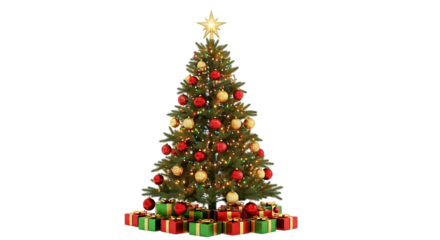Beautiful christmas tree with ornaments and presents isolated on transparent background for designs