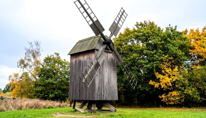 Rustic wooden windmill in autumnal landscape