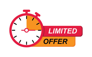 Limited Time Offer Stopwatch Labels Set. Red limited offer hurry up with clock for promotion, countdown sale design, urgency marketing vector.