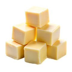 Stack of Six Yellow Cheese Cubes on a White Background Keywords: cheese, cheese cubes, dairy product