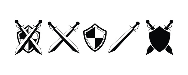 Shield and swords set, two crossed realistic swords with shield armor heraldry black symbol vector illustration.