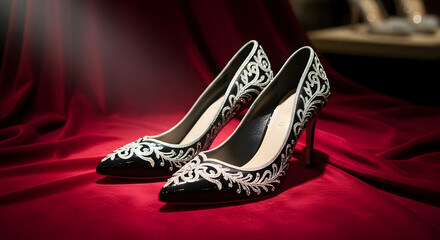 Black high-heeled shoes with intricate silver embroidery on a red velvet surface