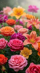 Vibrant Garden of Blooms: A close-up shot captures a rich tapestry of various colorful flower blossoms, each with unique textures and vibrant hues, bringing the scene to life.