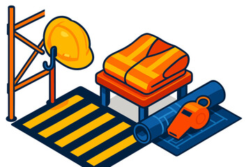 Worker Safety Essentials. Isometric vector illustration set Worker Safety Essentials: hardhat hanging on wall hook, reflective