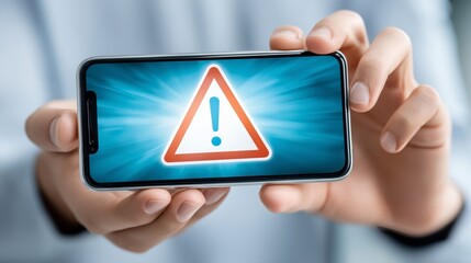 Smartphone with glowing warning triangle danger notification alert displayed on screen held in hand symbolizing mobile risk and digital security, Generative AI