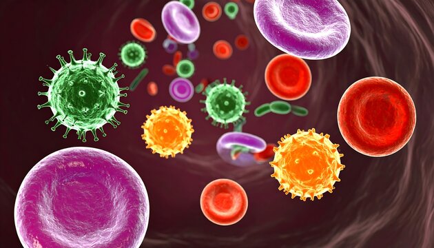 Microscopic blood vessel with various cells