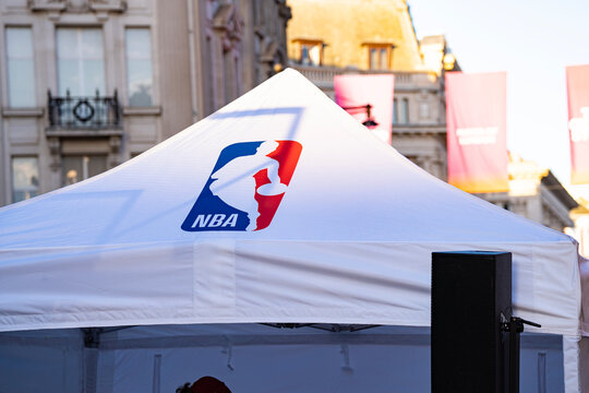National Basketball Association Branded Kiosk, NBA Store Brand Activation Logo, &ldquo;This Is Oxford Street" Pedestrianisation Event Banner, Oxford Circus, London, England, UK - 21 September 2025