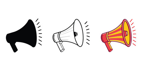 Set of three megaphone icons showing announcement and communication styles vector